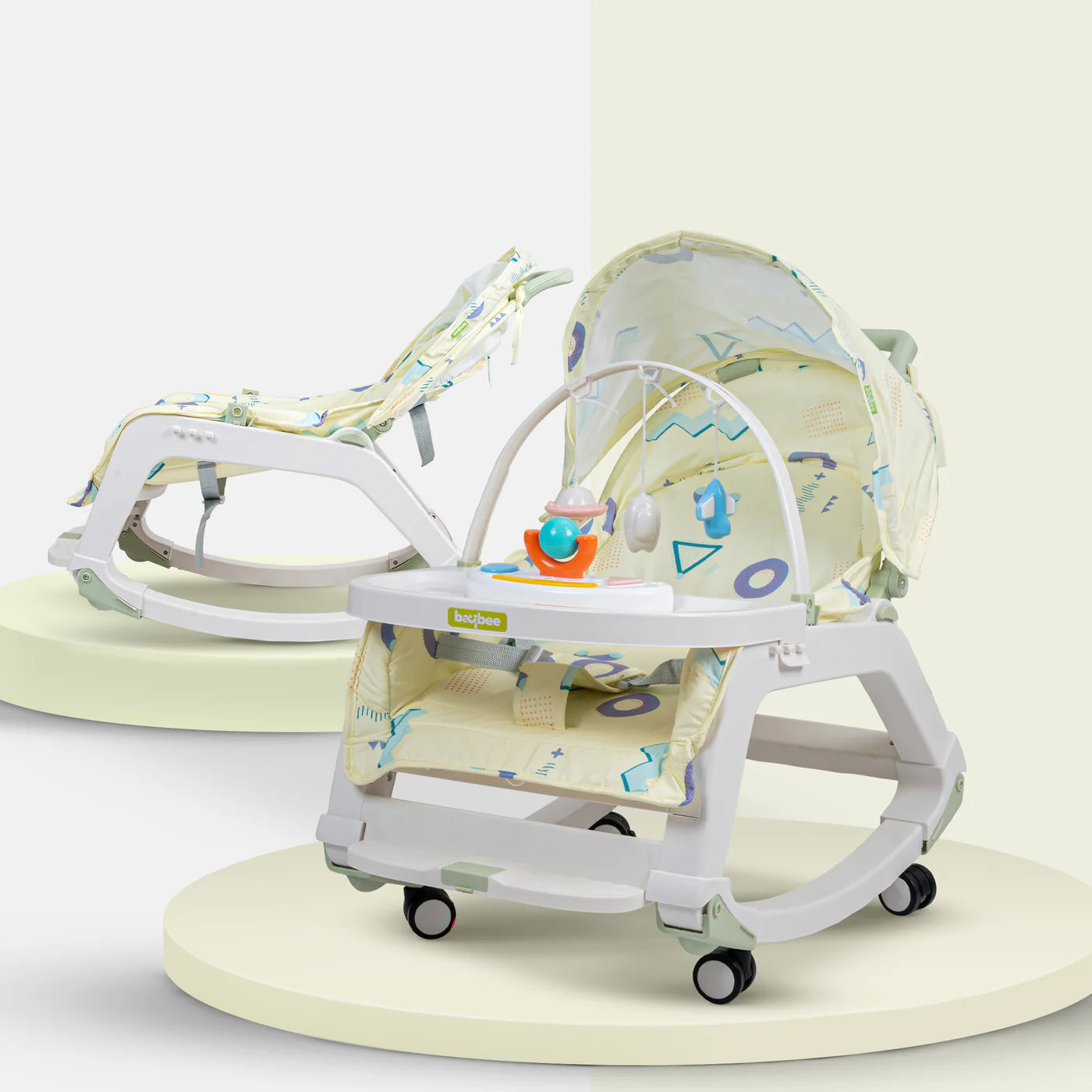 Baby Souq 5-in-1 Baby Rocking Chair with Hanging Toys, Multi-Position Recline, Music, Wheels & Food Tray