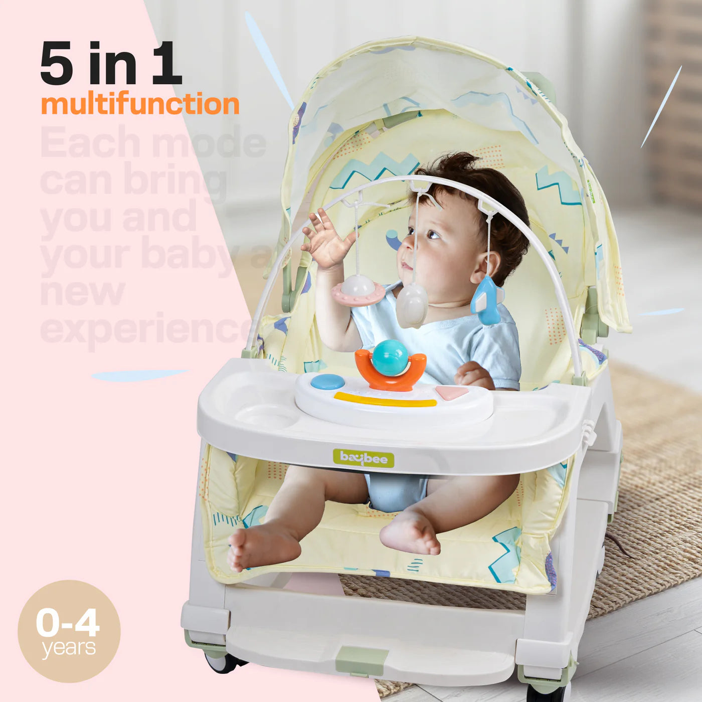 Baby Souq 5-in-1 Baby Rocking Chair with Hanging Toys, Multi-Position Recline, Music, Wheels & Food Tray